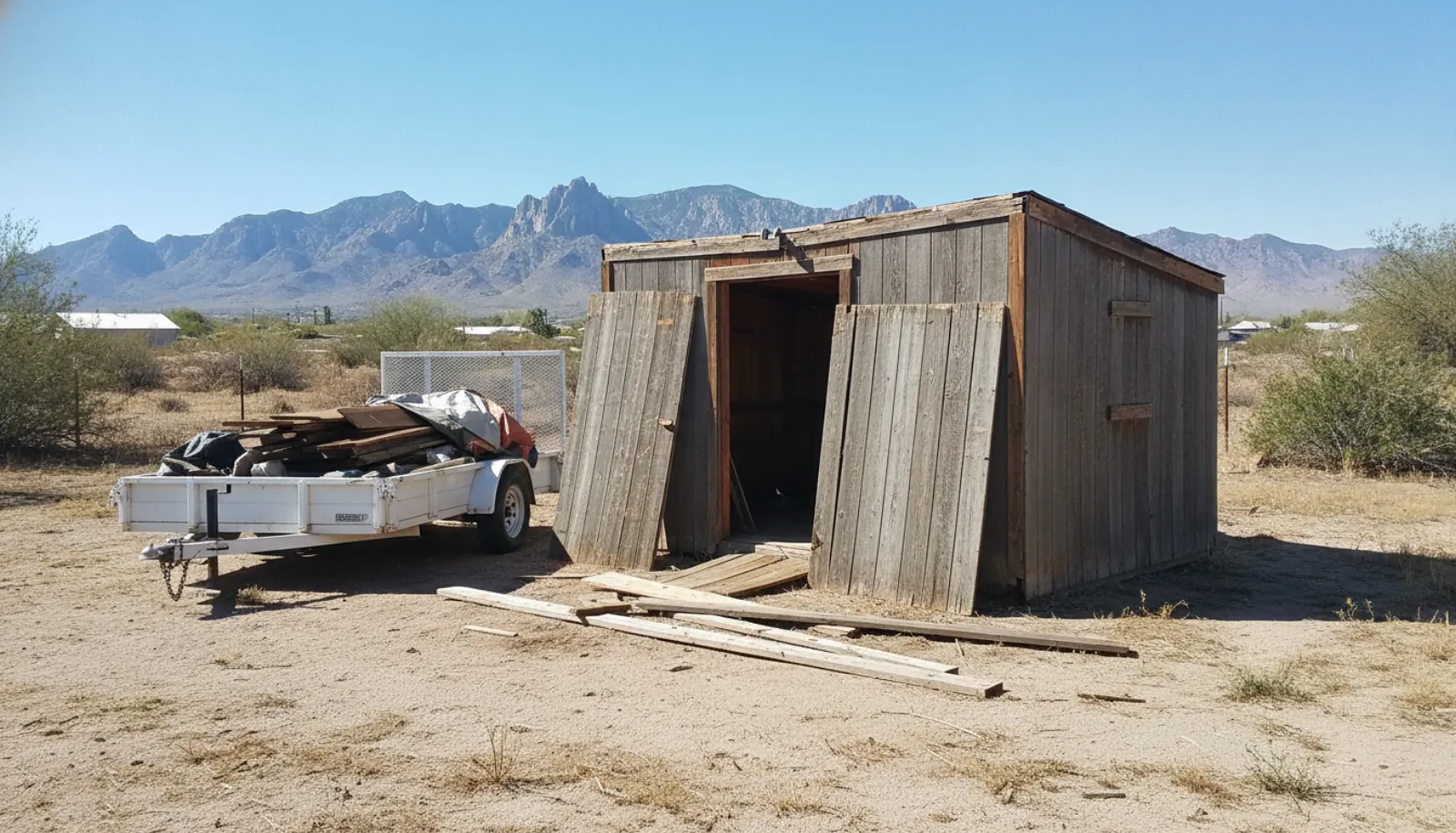 Las Cruces Shed Removal crew loading shed panels onto a trailer with the Organ Mountains behind