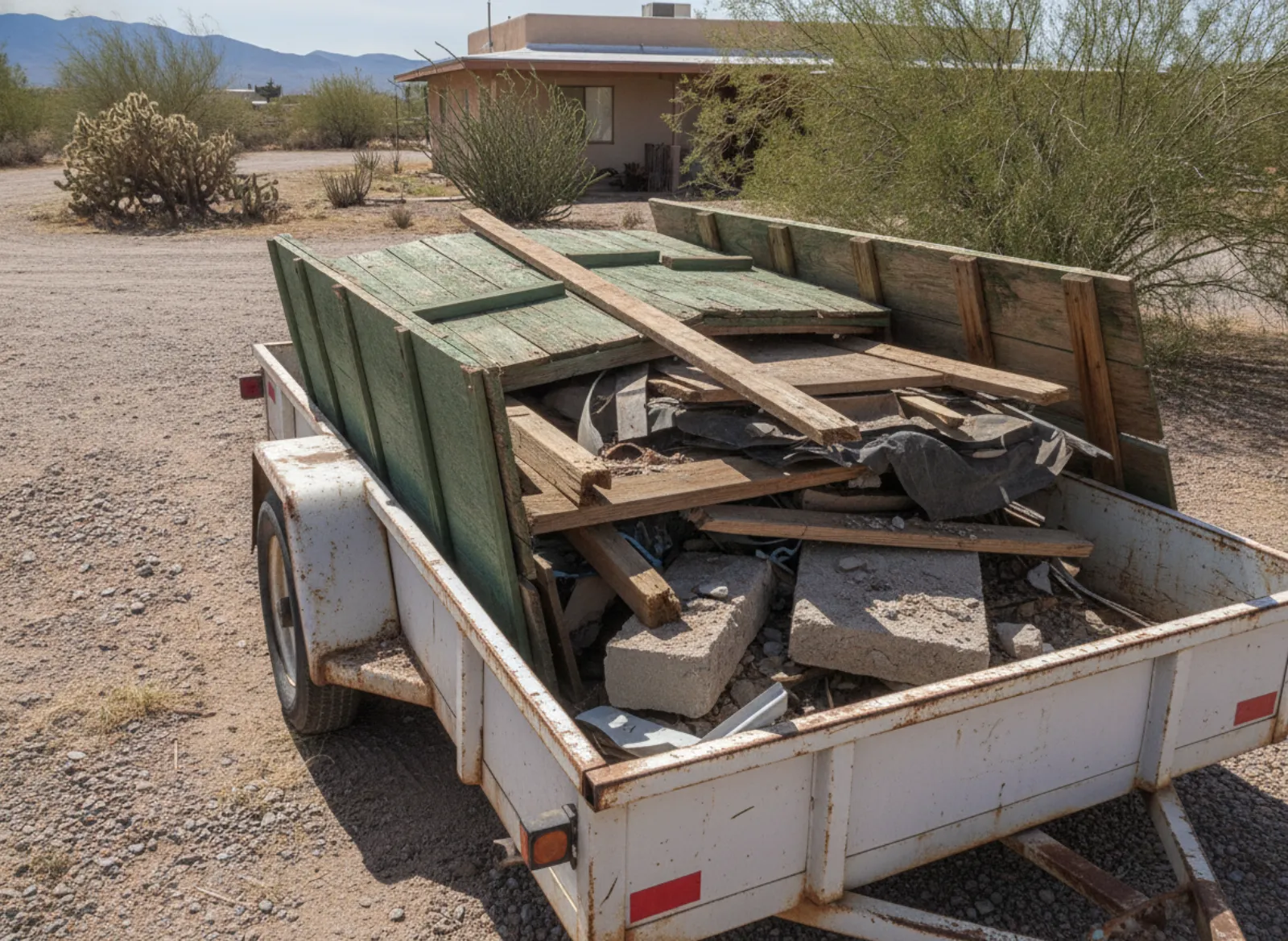 Utility trailer loaded with shed panels and demolition debris